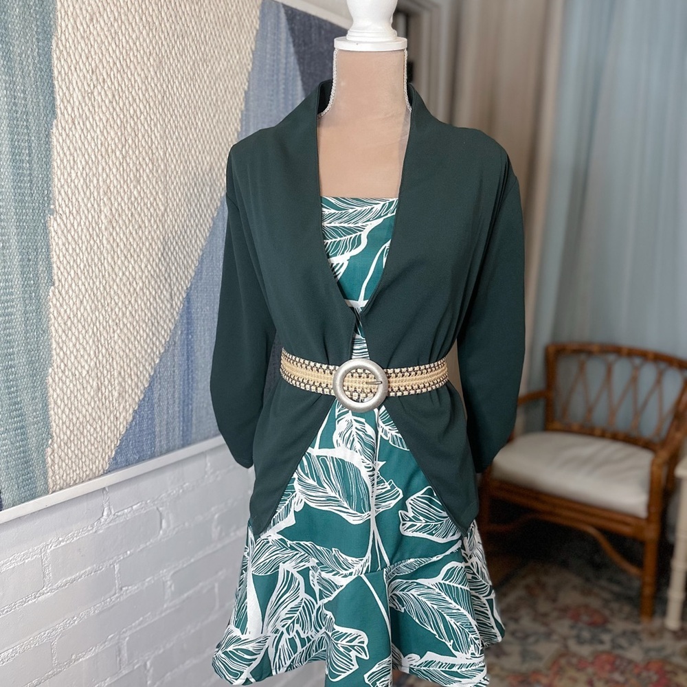VKY and Co Dark Green Open Front Cropped Blazer with Ruched Sleeve Details